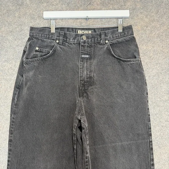 VTG Hugo Boss Baggy Jeans Mens 32 32x28 Frayed Raw Hem 90s Relaxed Black Pants